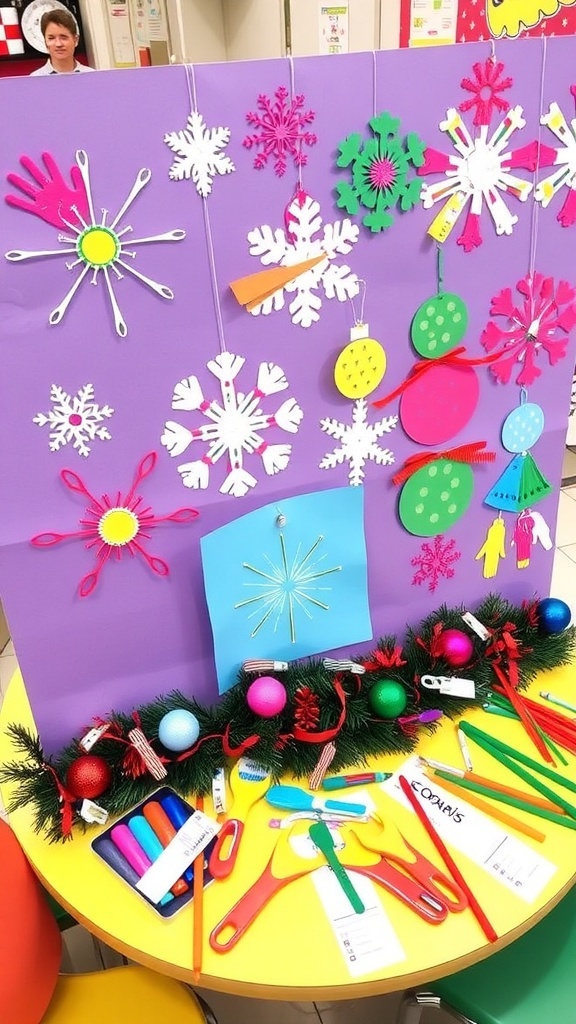 A collection of colorful DIY Christmas decorations made by children, including snowflakes and ornaments on a craft table.
